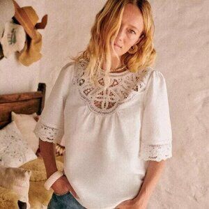 Sezane Milani Blouse Top Floral Crochet Lace Ecru Organic Cotton Solid L 273198